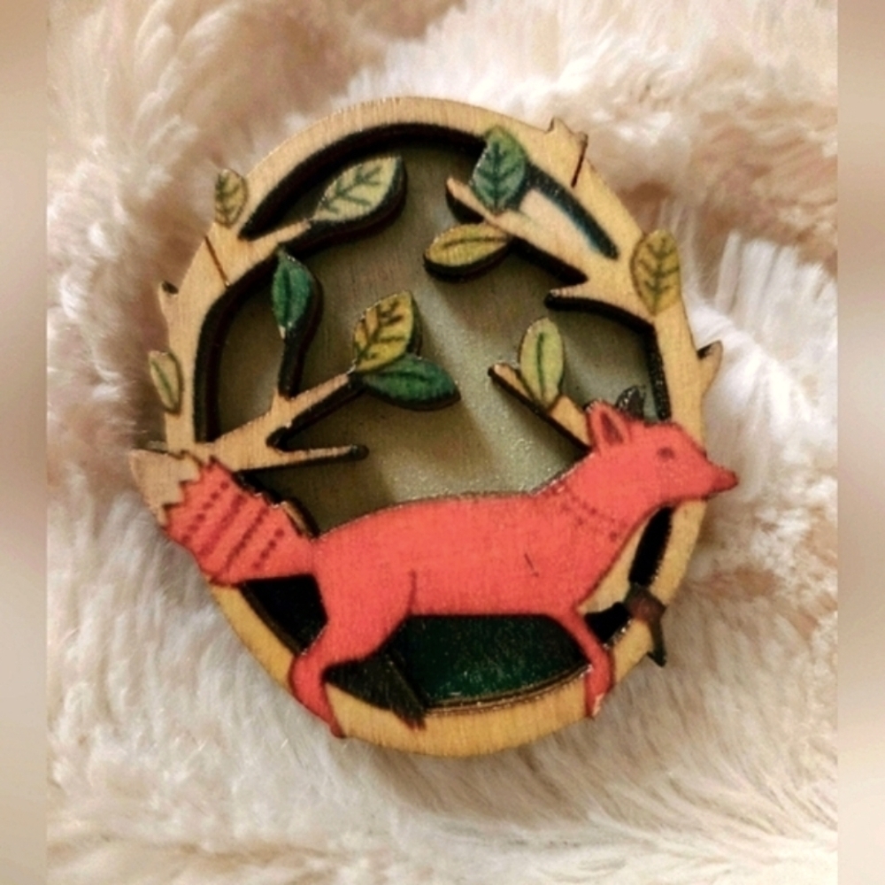 Handmade Whimsical Wood Fox Brooch